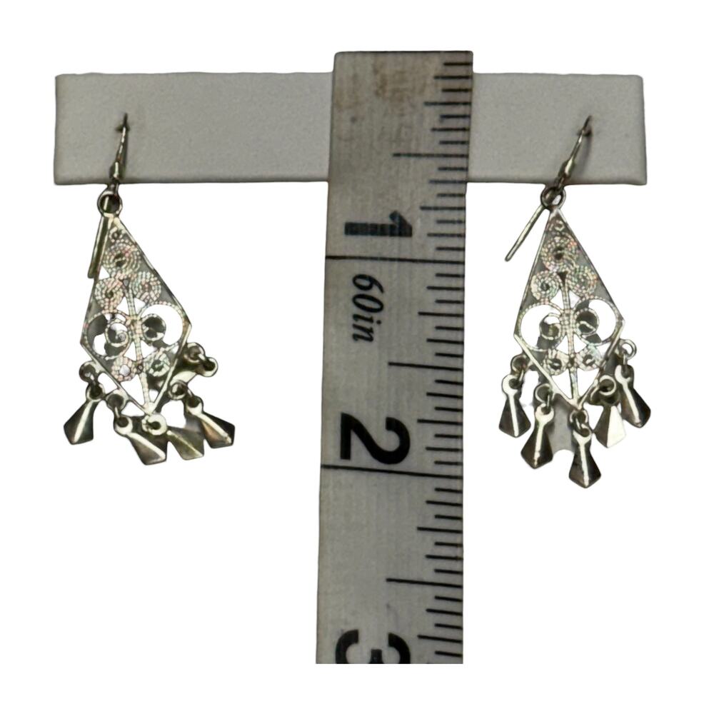 Silver Filigree Chandelier Drop Earrings Fleur de Lis Scrollwork Dangle - Picture 6 of 6